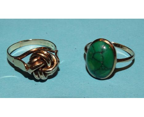 A turquoise-set 9ct gold ring, size O, (turquoise discoloured) and a 9ct gold knot ring, size P, 5.7g, (2). 