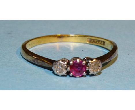 A ruby and diamond ring claw-set a round-cut ruby between two 8/8-cut diamonds, in 18ct gold mount, size Q, 2.3g. 