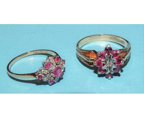 Two 9ct gold ruby and diamond-point cluster rings, sizes L and M½, 4.7g, (2). 