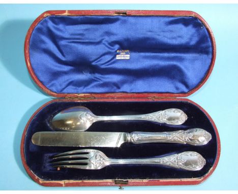 A Victorian silver three-piece christening set, knife, fork and spoon, in case, London 1868, maker FH. 