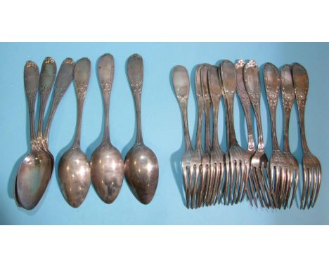 A set of six white metal table forks stamped R Smith and a set of six white metal tablespoons and five matching table forks, 