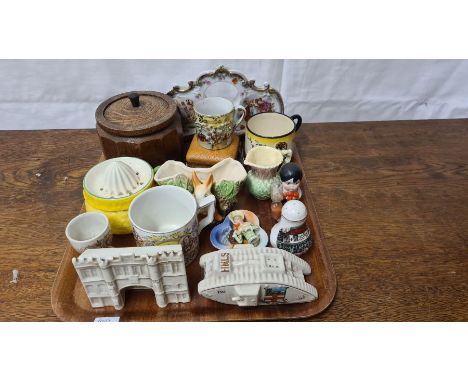 Mixed tray lot of collectables to include Carltonware crested tank, Lincoln Stonebow, oak tea caddy, half doll, etc.
