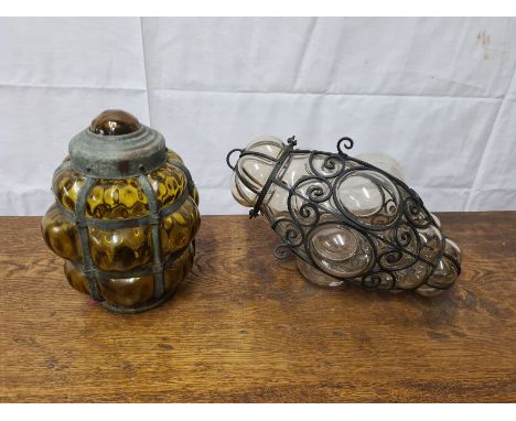 2 x blown glass and metal bound lighting shades.