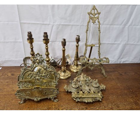 Mixed brassware to include ink stand, letter rack, table lamps and easel.