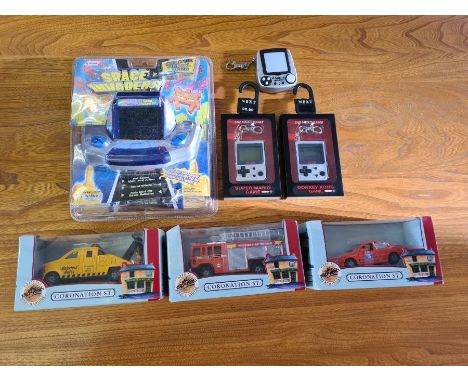 Systema Space Invaders console, Next mini Nintendo consoles and 3 die cast Coronation Street themed cars.