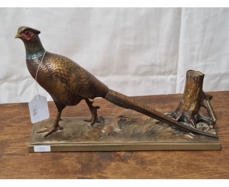 Continental cold painted Spelter pheasant table lighter, length 31cm, in good condition, missing striker.