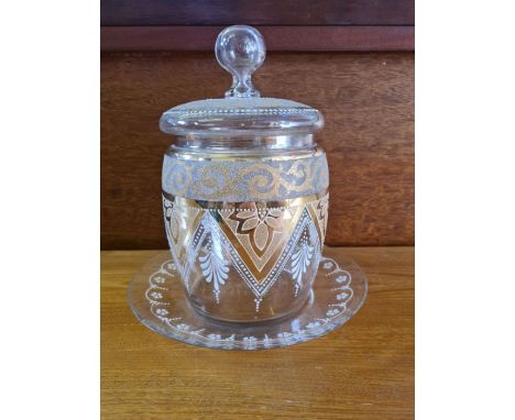 Victorian hand blown biscuit barrel with applied enamel decoration and matching coaster 