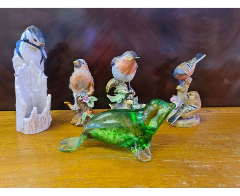 Royal Worcester Chaffinches, Goebel Woodpecker, modelled porcelain birds and green glass seal paperweight.