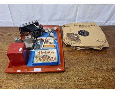 Mixed lot to include Halma board game, Viewmaster, vintage Kodak camera, Shelac 78 records, etc.