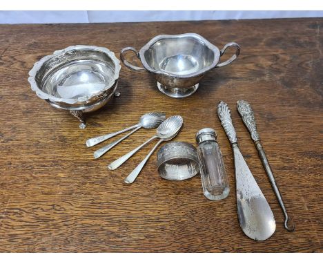 Silver Lions head sugar bowl, sterling silver dish, napkin ring, 4 shell bowl teaspoons, silver top scent bottle and button h