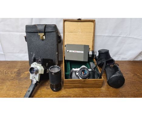 Vintage camera equipment to include Bell &amp; Howell 8mm camera, Pentax ME Super with spare zoom lens and Kohka 8.