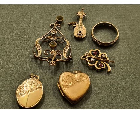 9ct gold lockets, seed pearl pendant brooch (steel pin), small cross, Mandolin charm, pendant and white and yellow gold etern