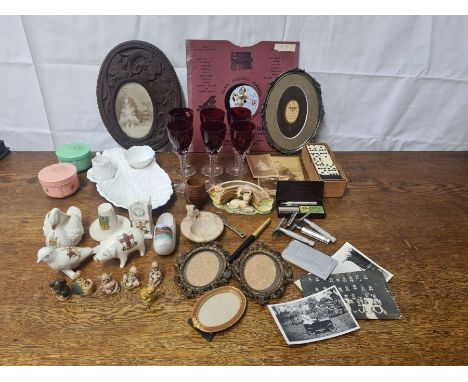 Mixed lot of collectables including crested wares, portrait frames, Wade wimseys, Spode strawberry set, drinking glasses, etc