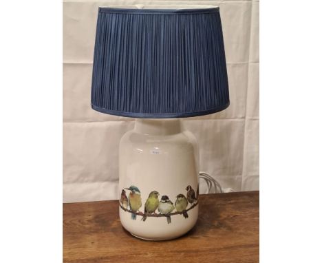 Laura Ashley Garden Birds table lamp with blue ruffled shade standing 20" high.