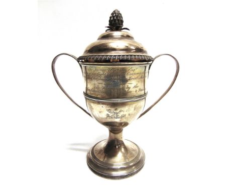 LEICESTERSHIRE MILITIA - A GEORGE III SILVER TWO HANDLED CUP  by Stephen Adams, London 1806, the bell shaped cup with moulded