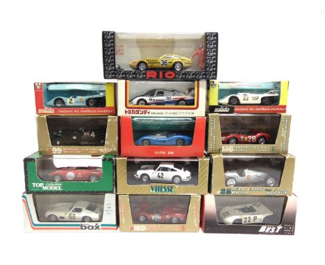 THIRTEEN 1/43 SCALE TRACK & ROAD RACING CARS  by Brumm (4), Solido (2), Rio (1), Best (1), Box (1), Top Model (1), and others