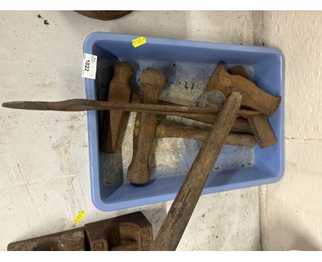 Mixed box of vintage blacksmiths tools, hammers etc