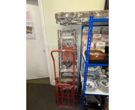 Wooden double extension ladder, two pairs of wooden steps, sack barrow and box of tools (5).