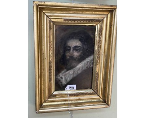 Portrait oil on paper in gilt frame, 27cm by 16cm.