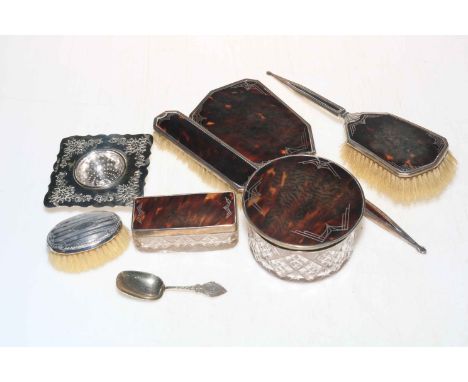 Silver and tortoiseshell brush set with two toilet jars, Birmingham 1937/38, silver strainer, caddy spoon and child's brush.