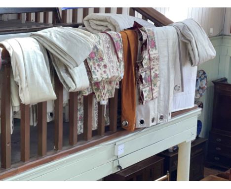 Two double bedspreads and collection of curtains including Sanderson.