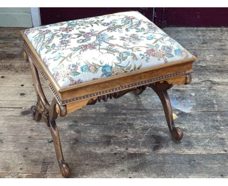 Victorian rosewood X-framed stool with floral tapestry seat, 45cm by 52.5cm by 45.5cm.