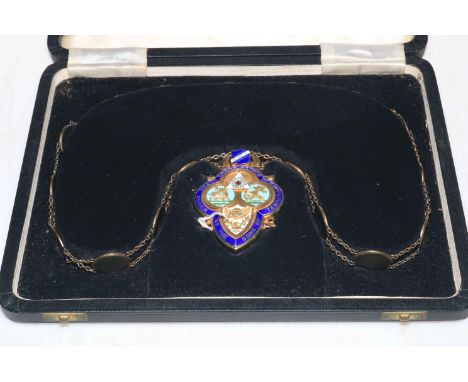 Cased Masonic silver and enamel jewel with chain, the jewel inscribed West Hartlepool Grand Division 1958, Fattorini box.