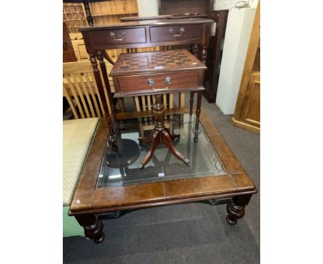 Large leather and glass topped low centre table, mahogany two drawer console table and pedestal games table (3).