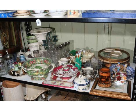 Collection of Victorian decorative porcelain, glass, steins, tapestry, prints, etc.