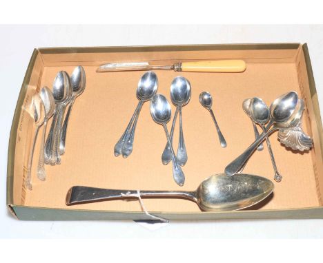 Six William IV silver bright cut teaspoons, George III silver tablespoon, silver caddy spoon and cheese scoop, and other silv