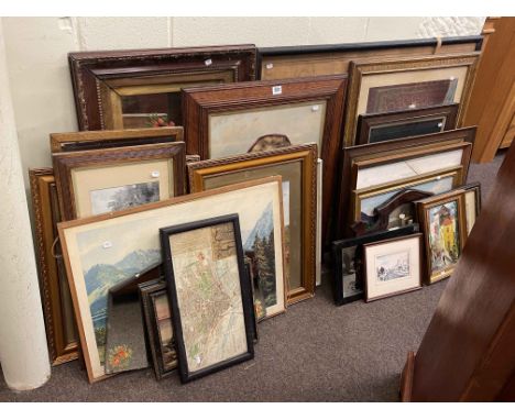 Large quantity of old framed pictures including painted mirror, map, firescreen, etc.