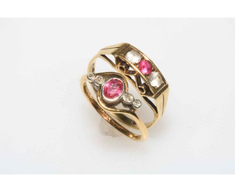 Ruby 18 carat gold ring, size L, and 14 carat gold ring, size M (2).