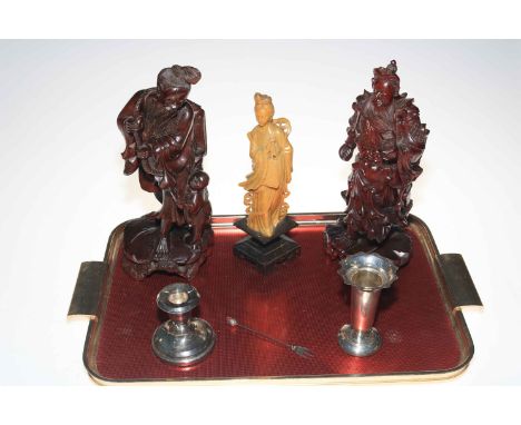 Two Chinese carved figures, soapstone Guen Yui figure, Silver vase, dwarf candlestick and pickle fork.