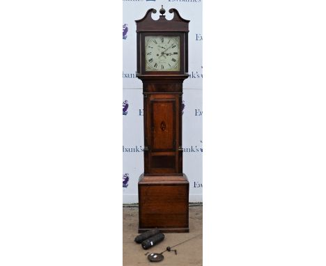 Oak and mahogany longcase clock by Barrett of Blandford, the hood with swan neck cresting and ball finial, the case door inla