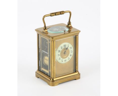 French brass carriage clock, the case of typical form, with enamel chapter ring with Arabic numerals, on matted backplate, wi