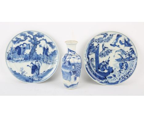 An associated pair of blue and white plates; one decorated with a narrative battle scene [possibly a cameo from The Romance o