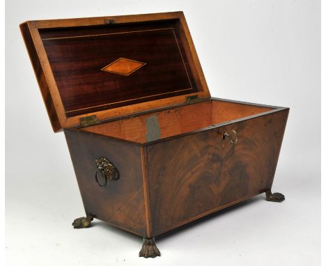 19th century mahogany  sarcophagus shaped tea caddy with lion mask ring handles on paw feet, W31cm x D15.5cm x H18cm ( no int