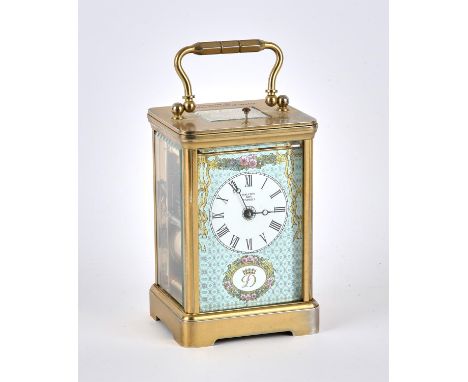 Halcyon Days Carriage clock, with coloured enamel face, with Roman numeral chapter ring, with repeat mechanism and bell strik