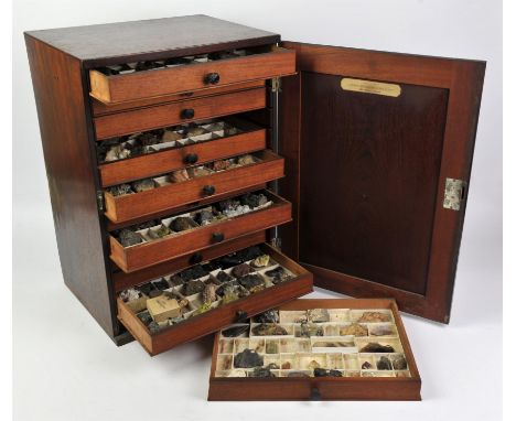  Rare James Tennant mahogany cabinet of minerals, rocks and fossils, trade label applied to the interior of the door printed 