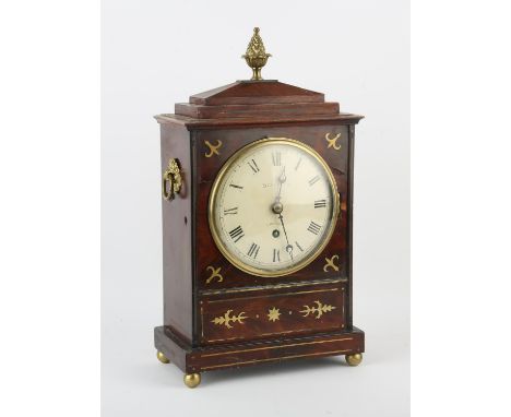 Regency mahogany and brass inlaid mantle clock, the white enamel dial signed Stafford. London. with black Roman numerals, sin