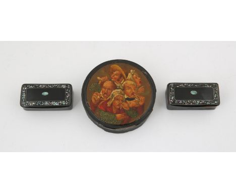 19th century German erotic lacquered Papier-Mâché snuff box, the outer cover with a group of tobacco smokers and snuff takers