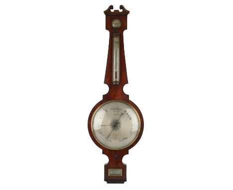 A George III mahogany barometer by F. Amadio, with swan neck pediment, thermometer to neck, above silvered Rain/Fair dial, si