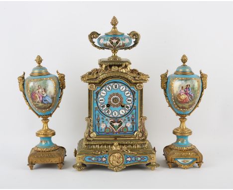 French gilt metal and porcelain mantle clock by R & C.  Paris and London No. 2236 39cm x 22cm x 14.5cm, with two associated u