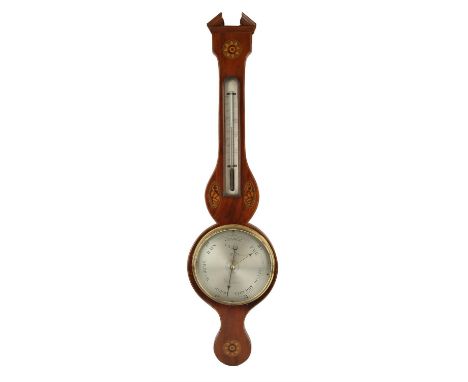 19th Century wheel barometer by I Kalabergo, broken arch cresting, inlaid case with floral and shell designs, thermometer and