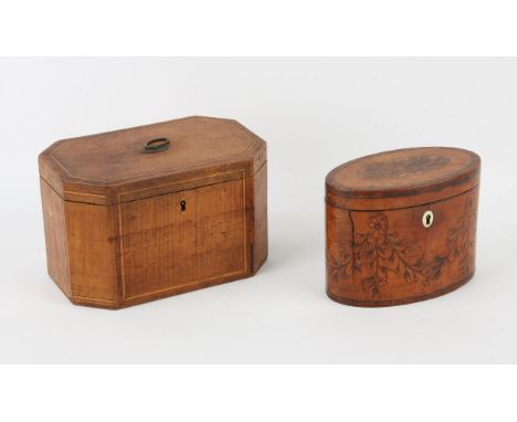 George III tea caddy, of oval form, inlaid with floral swags, with key, 12cm high, together with a rectangular tea caddy, 18t