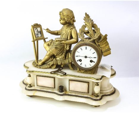 French gilt spelter and white alabaster clock, 19th Century, mounted with a cherub representing Art, with white enamel dial w