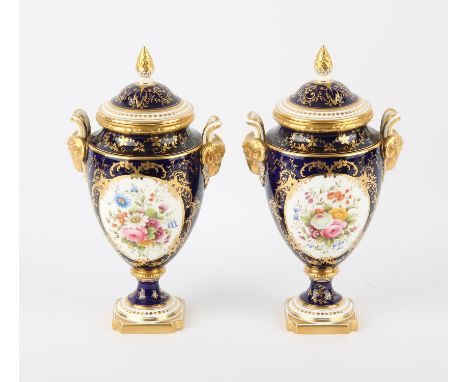 Pair of Coalport Sevres style vases decorated by E. Richards,, late 19th/early 20th Century, the covers with pine cone finial