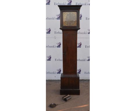 An oak longcase clock by Richard Stone of Reading, the case of typical form with plain moulded hood, the brass dial with Arab