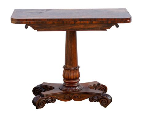 William IV rosewood card table, the top with baize lined interior, on turned and leaf carved column, on quatrefoil plateau, w