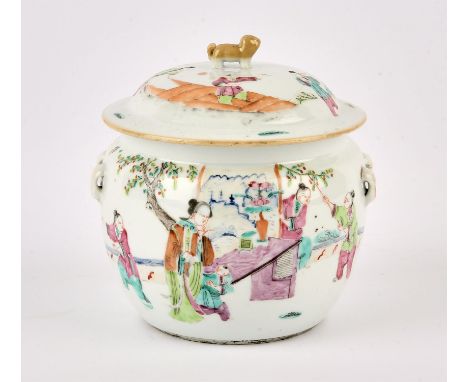 A small famille rose kamcheng and domed cover with animal finial; decorated with narrative scenes of Manchu/Chinese figures a